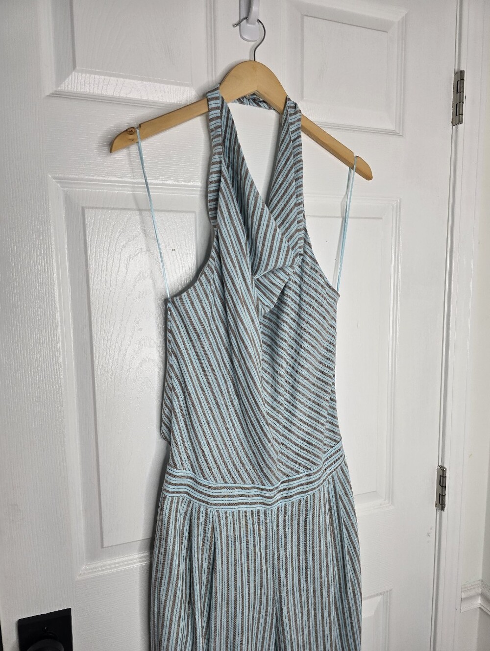 ZARA Gray Pinstripe Draped Cowl Halter Harem Leg Jumpsuit Size M - Picture 4 of 9